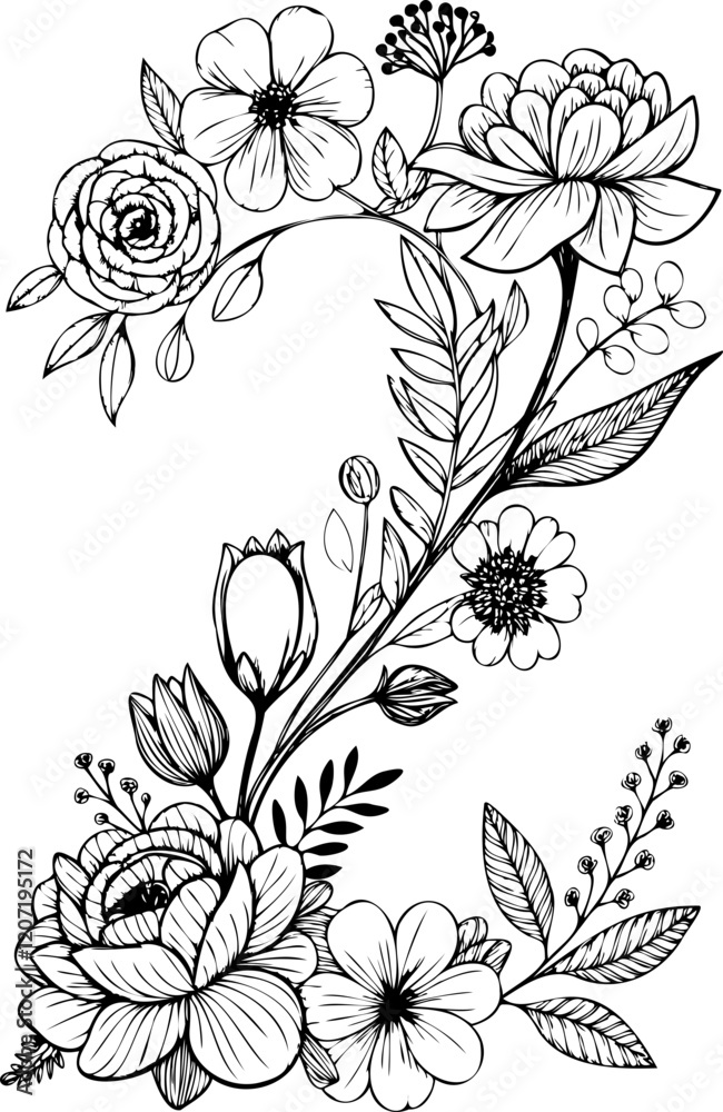 Fototapeta premium Number 2 outline art vector floral pattern drawing spring element decoration svg file