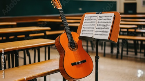 Music classroom with untouched instruments, a guitar leaning against a wall, and sheet music on a stand.