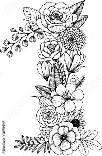 Number 1 outline art vector floral pattern drawing spring element decoration svg file