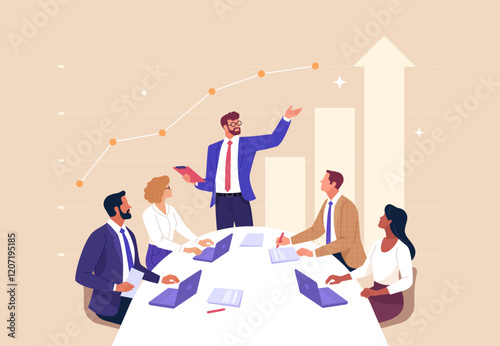 Business Planning Concept. Contemporary flat style vector illustration of a businessman giving a business forecast to a group of colleagues sitting at a desk with a growing graph in background.