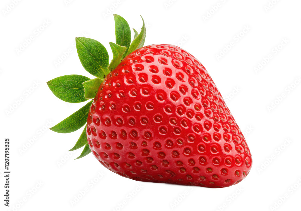 Single ripe strawberry with green leaves, isolated on white background Single ripe strawberry with green leaves, isolated on white background