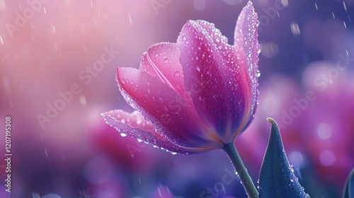 A pink tulip with sparkling water droplets on its petals, captured on a rainy day with a soft-focus background.