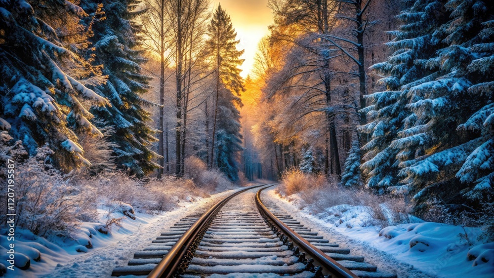 Snowy railroad tracks wind through a silent, cold winter forest, bathed in low light. Snowy railroad tracks wind through a silent, cold winter forest, bathed in low light.