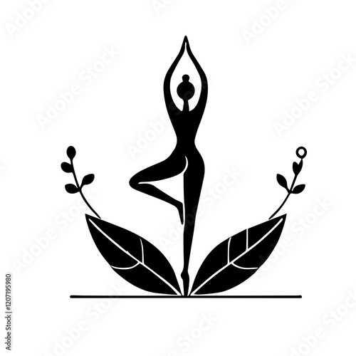 Yoga Silhouette with Botanical Accents: A minimalist silhouette of a woman in a yoga pose, embraced by delicate botanical elements, symbolizing the harmony of body, mind, and nature.