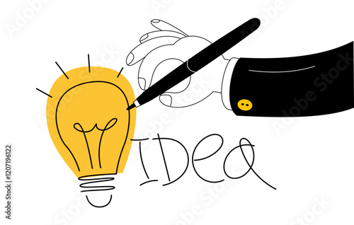 Hand draws idea light bulb. Vector illustration in outline cartoon style on the topic of writing down good ideas.