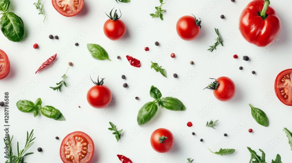 Vibrant Red Tomatoes and Fresh Herbs on White Background Vibrant Red Tomatoes and Fresh Herbs on White Background