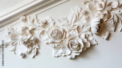 Intricate white floral wall sculptures with roses and leaves in elegant detail
