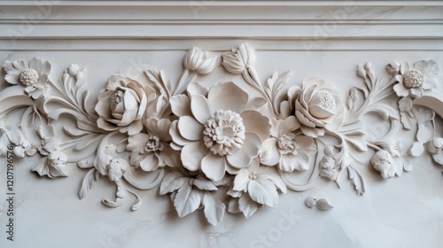 Elegant white floral relief carving on marble surface with detailed petals and leaves