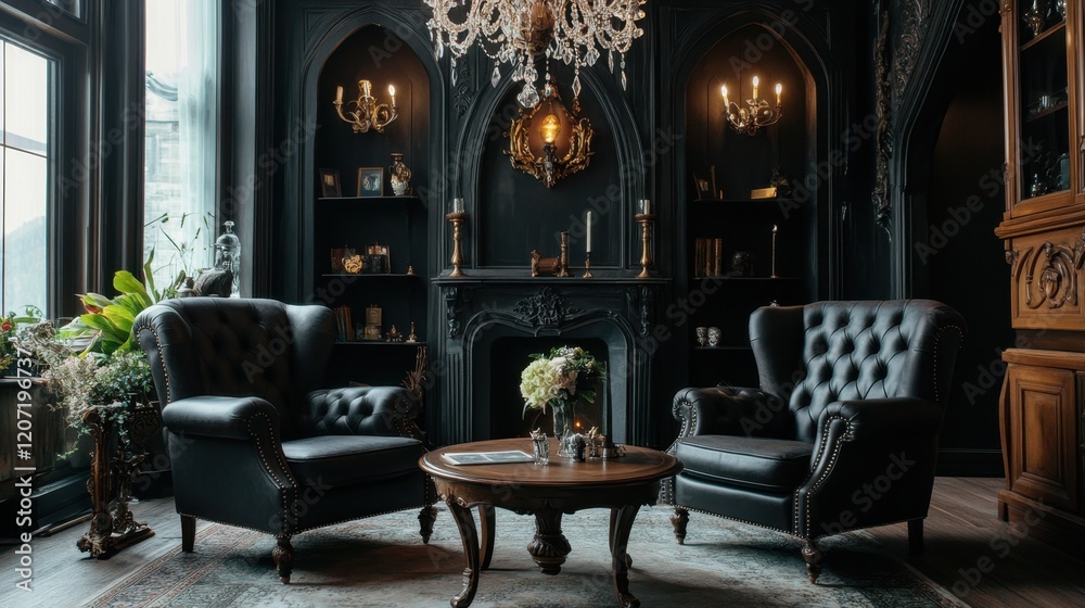 Fototapeta premium Elegant gothic living room with black leather chairs and crystal chandelier