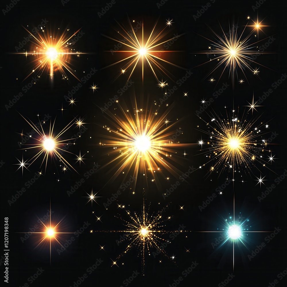 Naklejka premium Sparkling Golden Starbursts Glowing Brightly in Dark Night Sky Collection