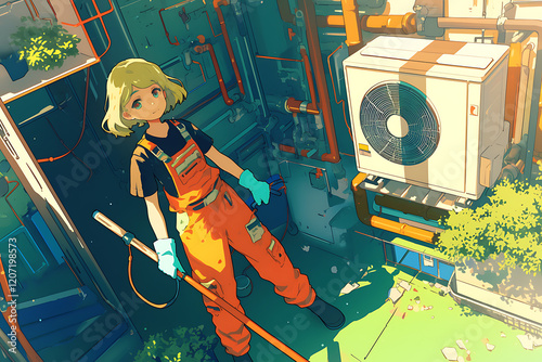 A young technician in an orange jumpsuit repairs an air conditioning unit in a vibrant urban setting