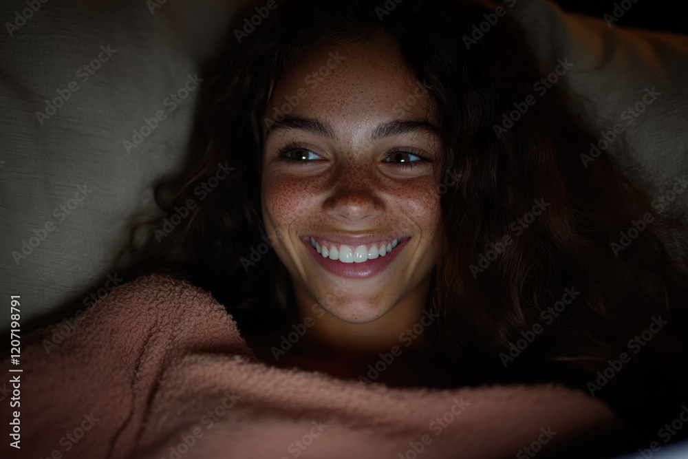 A woman with brown hair and a smile is looking at a computer screen A woman with brown hair and a smile is looking at a computer screen