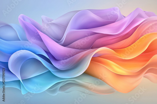 An abstract digital artwork showcasing layered waves with glowing neon blue and purple gradients, adding depth and dimension,
