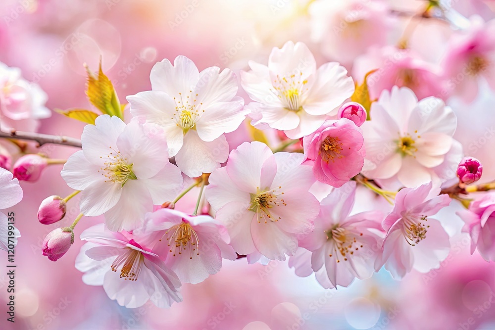 Dreamy long-exposure shot: pink and white cherry blossoms cascade against a soft floral backdrop. Dreamy long-exposure shot: pink and white cherry blossoms cascade against a soft floral backdrop.