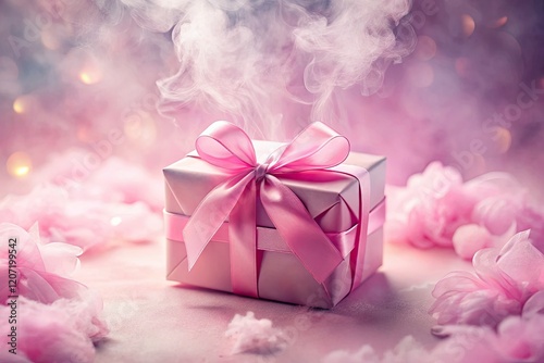 Dreamy pink pastel gift box, open and closed, ribboned, surreal double exposure against an abstract background.
