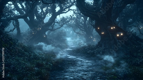 A gloomy haunting path winds through a mysterious enchanted forest shrouded in a thick ghostly mist  Twisted gnarled trees loom overhead their branches reaching out like grasping claws photo