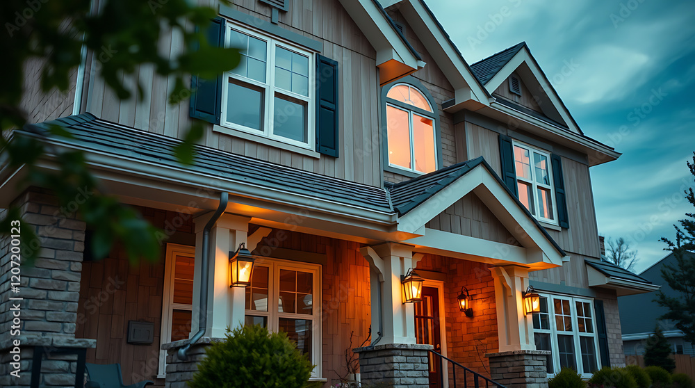 Dream House Exterior at Dusk: Brick and Wood Facade, Warm Lighting, and Inviting Porch