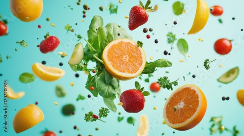 A dynamic composition featuring falling fruits, vegetables, and herbs in vibrant colors, captured mid-air against a minimalist background, creating a sense of motion and creativity.