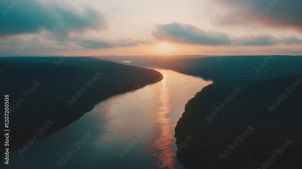 Fototapeta premium Serene sunset over a winding river surrounded by lush green hills and soft clouds in the sky