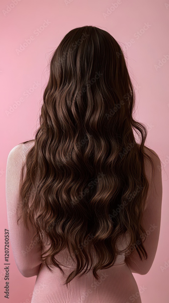 Naklejka premium Beautiful model girl with Brown hair strand,silky healthy chestnut wavy hair strand,hair wavy ribbon, with smooth,Keratin straightening,Treatment,straight long hair,procedures,Smooth hairstyle.