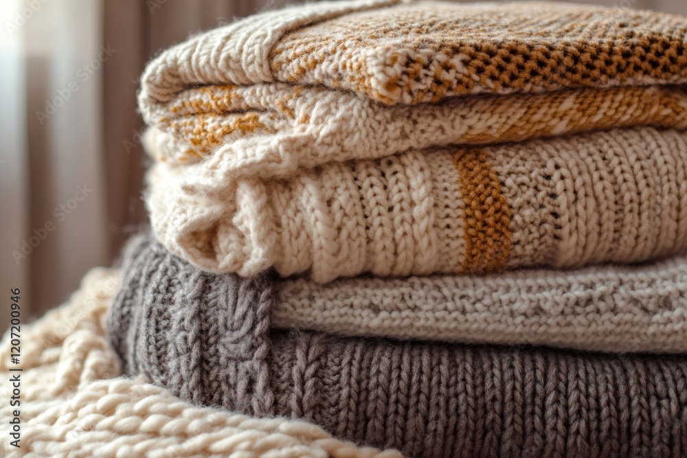 Stack of cozy knitted sweaters creating warm and inviting atmosphere