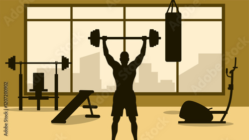 Illustration of body builder doing weightlifting dumbbell in the gym. Vector illustration of a person exercise in the fitness room. Gymnasium with many fitness equipment for training muscle