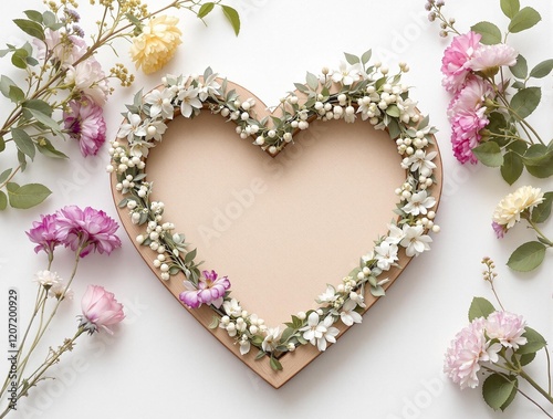 wooden heart frame with flowers, royalty free