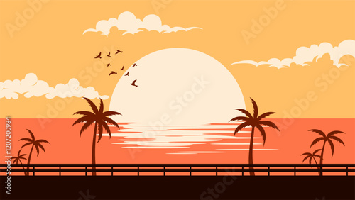 Beach landscape with sunset sky and palm tree and road guardrail. Vector illustration of seascape in sunset with flock of birds. Sea panorama in sunset with coconut tree and crash barrier silhouette