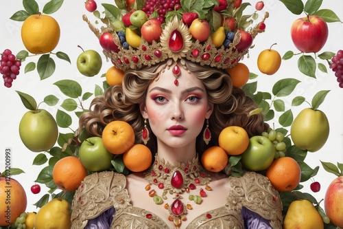 Fototapeta Naklejka Na Ścianę i Meble -  A regal woman adorned with a fruit crown and jewelry, surrounded by various fruits and foliage.