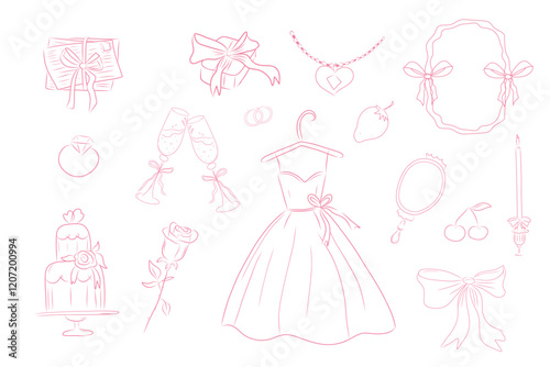 Romantic coquette set, pastel pink wedding feminine collection. Cude doodle baw, ribbon. Heart, flowers and presents, love letter.
