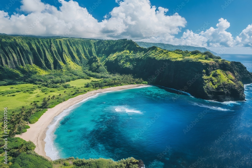 Fototapeta premium Stunning aerial view of honopu beach, showcasing vibrant turquoise waters and lush green cliffs in kauai, hawaii