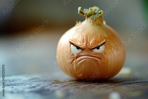 Angry onion showing its displeasure on wooden table