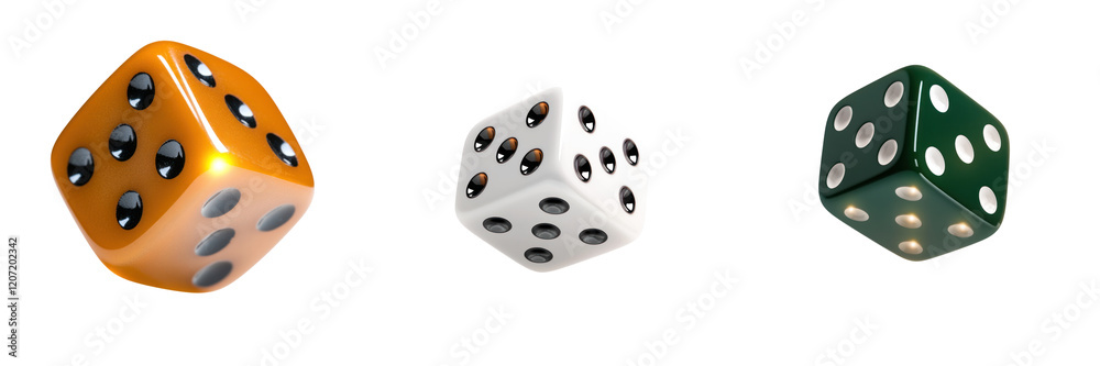 Fototapeta premium Shiny dice in orange, white, and green colors with glowing edges