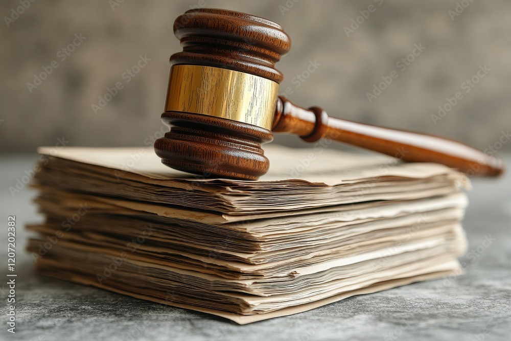 Wooden gavel resting on a stack of documents symbolizing justice and law Wooden gavel resting on a stack of documents symbolizing justice and law