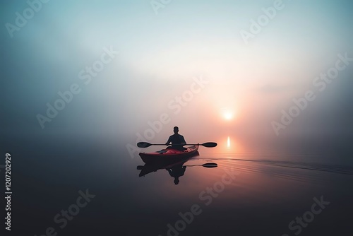 Kyak boatman gliding alone in a calm lake on sunset with foggy environment around photo