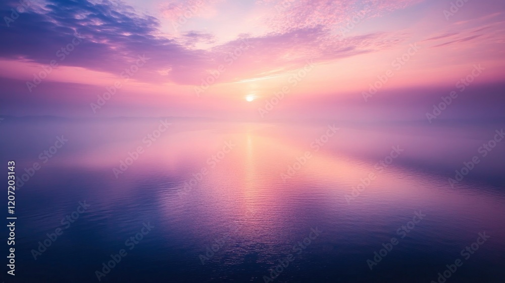 Fototapeta premium Serene sunrise over tranquil waters with soft pastel colors reflecting in the calm sea