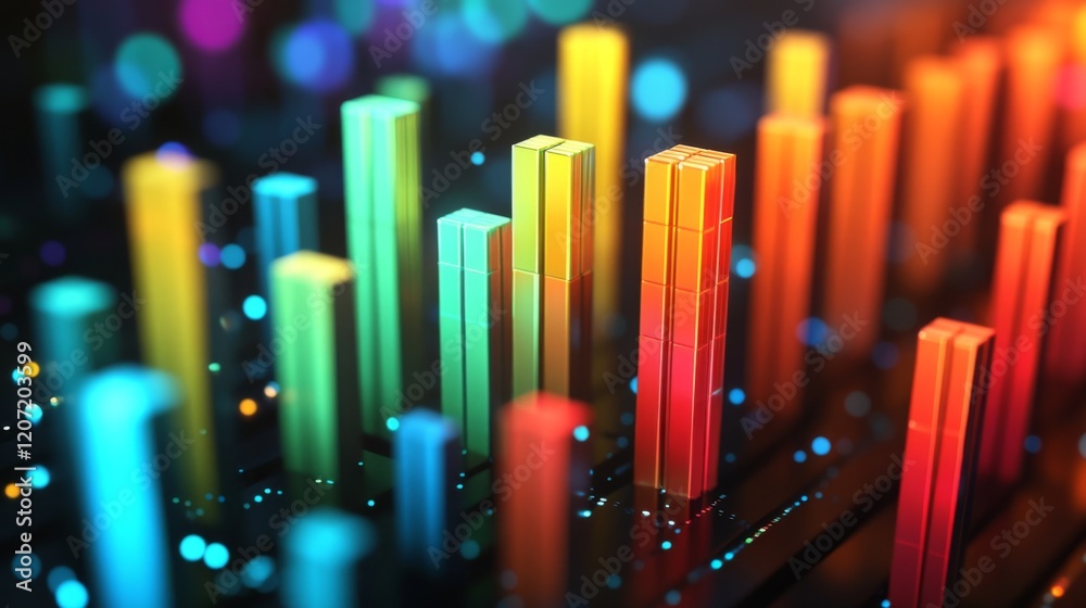 A stacked column graph with bright colors and transparent effects, set on a dark background with glowing highlights for a modern visual impact A stacked column graph with bright colors and transparent effects, set on a dark background with glowing highlights for a modern visual impact