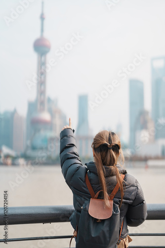 shanghai, travel, tourist, solo, bund, oriental, china, pearl, tower, woman, vacation, sightseeing, chinese, iconic, tour, landmark, city, traveler, lujiazui, tourism, visiting, journey, asia, asian,  photo