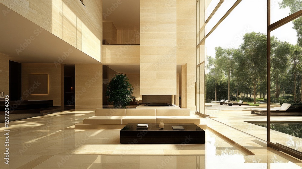 Fototapeta premium Spacious Modern Home Interior with Abundant Natural Light and Stone Walls