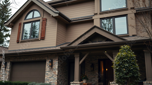 Luxury Home Exterior: Modern Brick House with Stunning Design. Real Estate Photography showcasing elegant architecture, landscaping, and modern home design details.