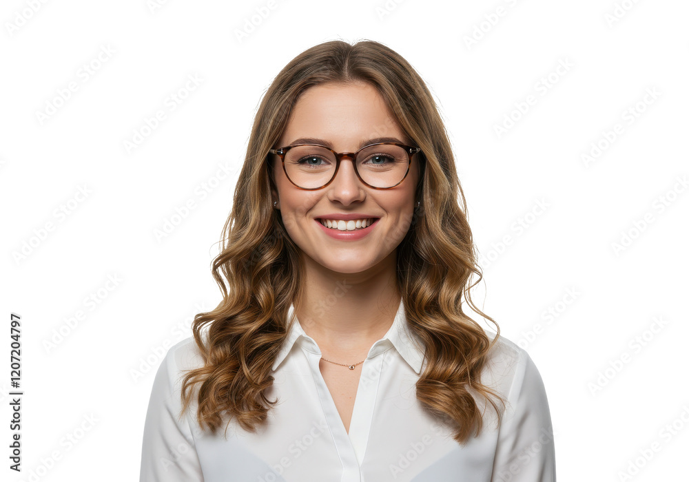 Smiling woman with glasses and wavy brown hair wearing a white blouse Smiling woman with glasses and wavy brown hair wearing a white blouse