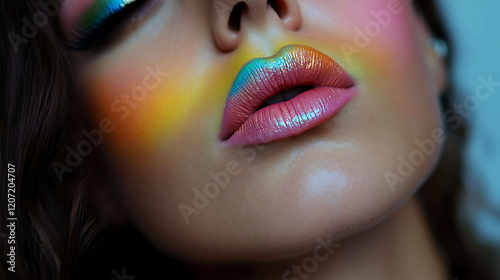 Creative makeup look with gradient lips and rainbow eyeliner photo