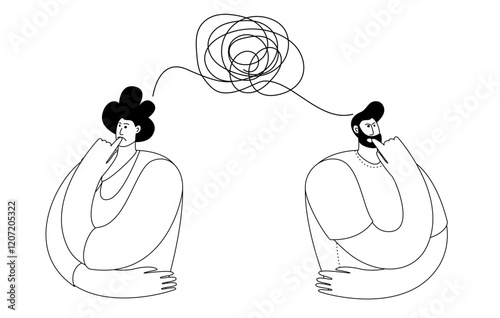 A woman and a man sit with their backs to each other and sort out their confused thoughts. Vector illustration on the psychology of human relations.
