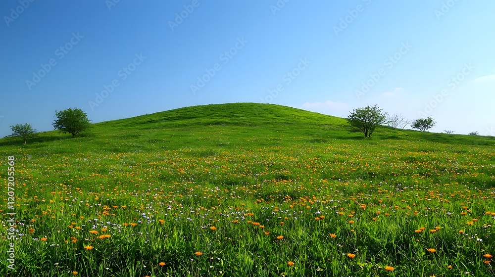 Idyllic landscape of a fresh green hill covered in a colorful array of blooming wildflowers beneath a tranquil cloudless blue sky Peaceful scenic countryside setting perfect for natural Idyllic landscape of a fresh green hill covered in a colorful array of blooming wildflowers beneath a tranquil cloudless blue sky Peaceful scenic countryside setting perfect for natural