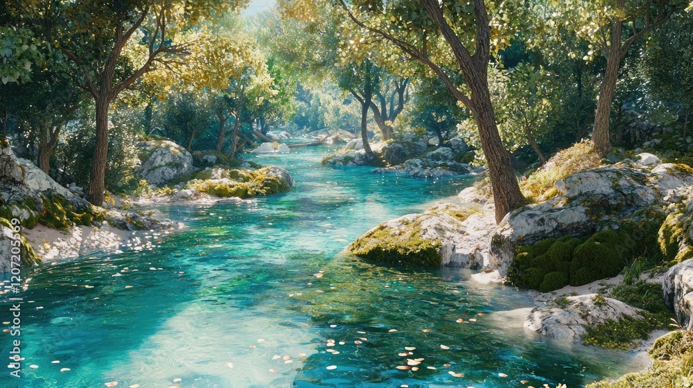 Naklejka premium A serene riverside scene featuring crystal-clear water, lush greenery, and sunlight filtering through the trees, creating a tranquil and picturesque environment.