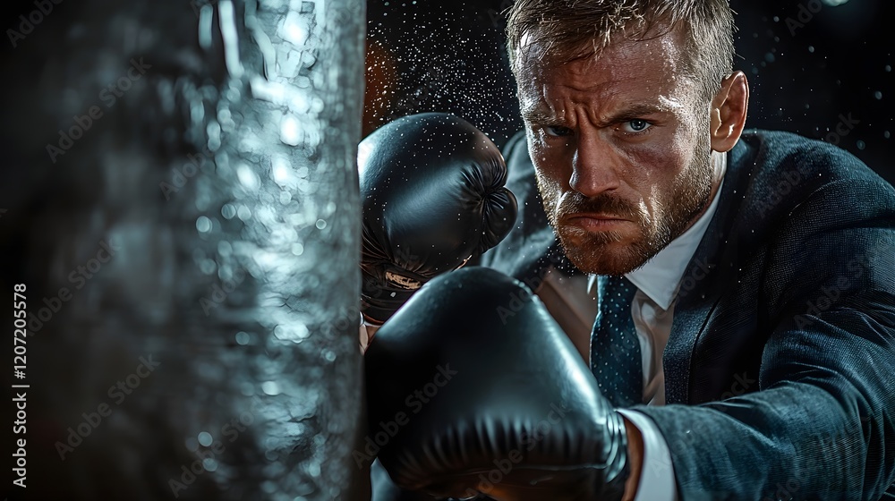 Close up of a focused and determined businessman in a suit and tie aggressively punching a heavy bag with intense physical force conveying a sense of inner tension stress and a need for release Close up of a focused and determined businessman in a suit and tie aggressively punching a heavy bag with intense physical force conveying a sense of inner tension stress and a need for release