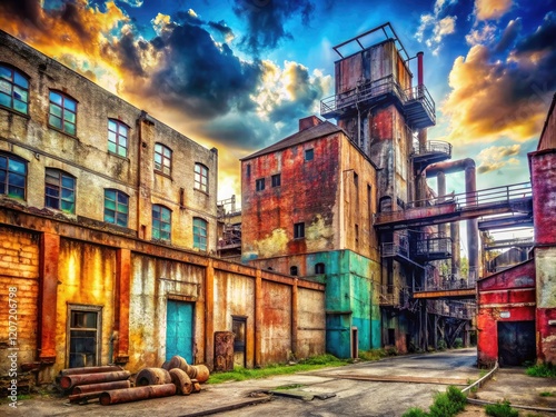 Wide-angle vintage cityscape, industrial grunge texture.  Perfect panoramic background with copy space.