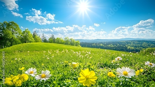 Idyllic and serene landscape of a rolling green hilltop meadow filled with vibrant blooming flowers and a bright blue sky with fluffy clouds overhead