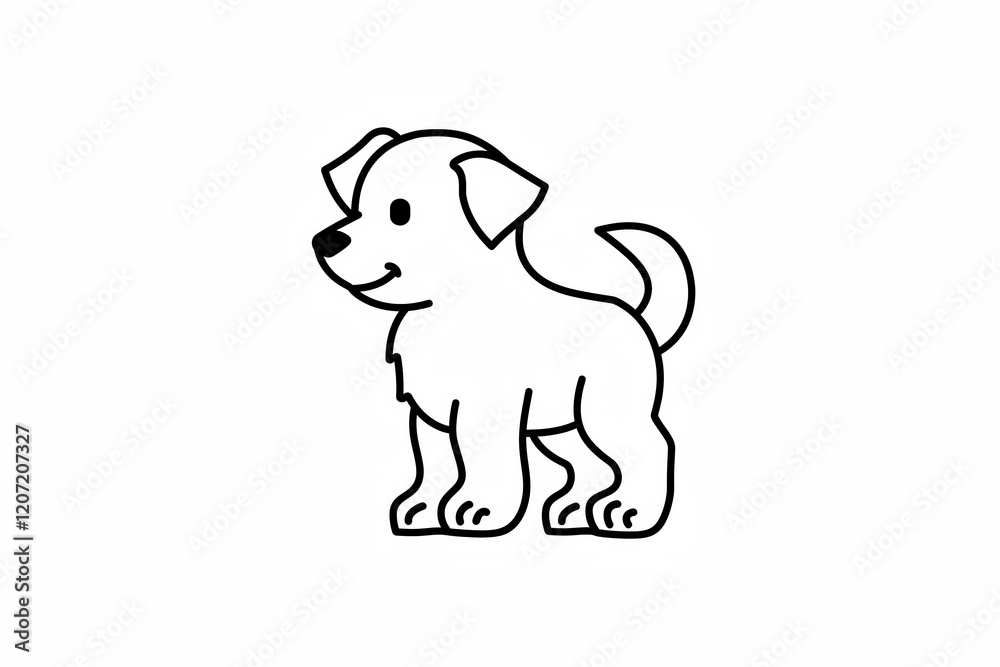 Simple black outline drawing of a happy cartoon puppy dog