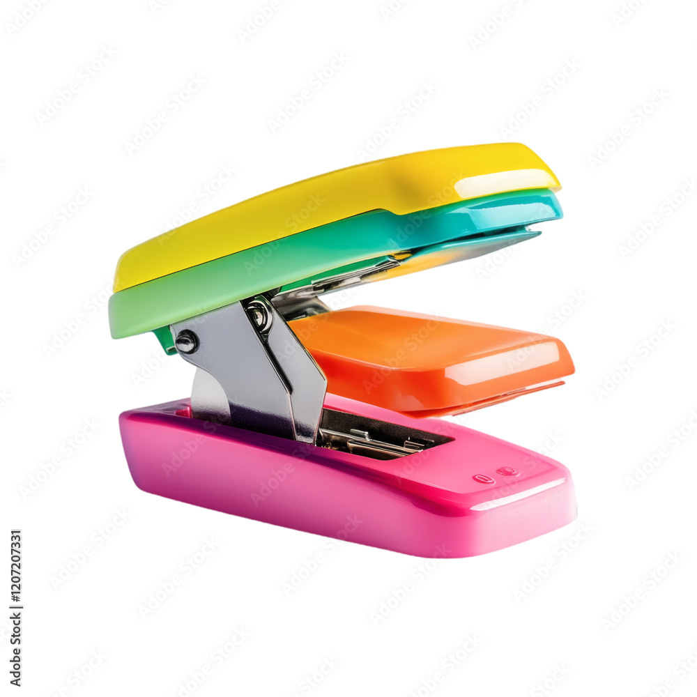 Compact pocket stapler in vibrant colors, floating on a white background. Compact pocket stapler in vibrant colors, floating on a white background.